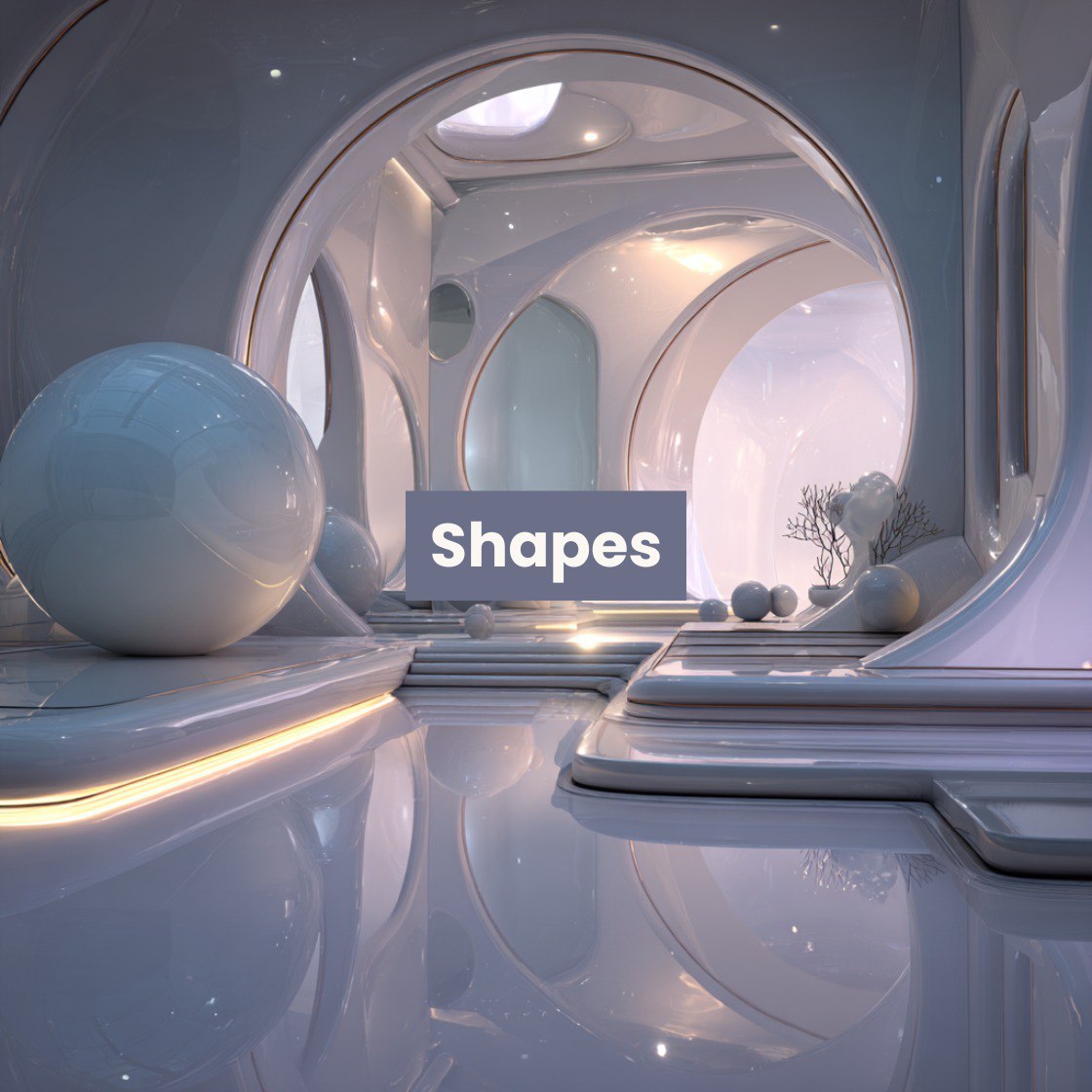 Modern architectural course cover with curved walls and a large sphere, featuring the word 'Shapes'.