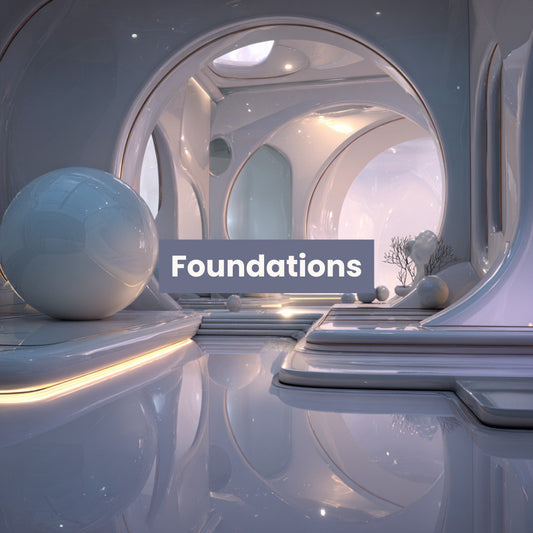 Modern architectural course cover with curved walls and a spherical object, featuring the word 'Foundations'.