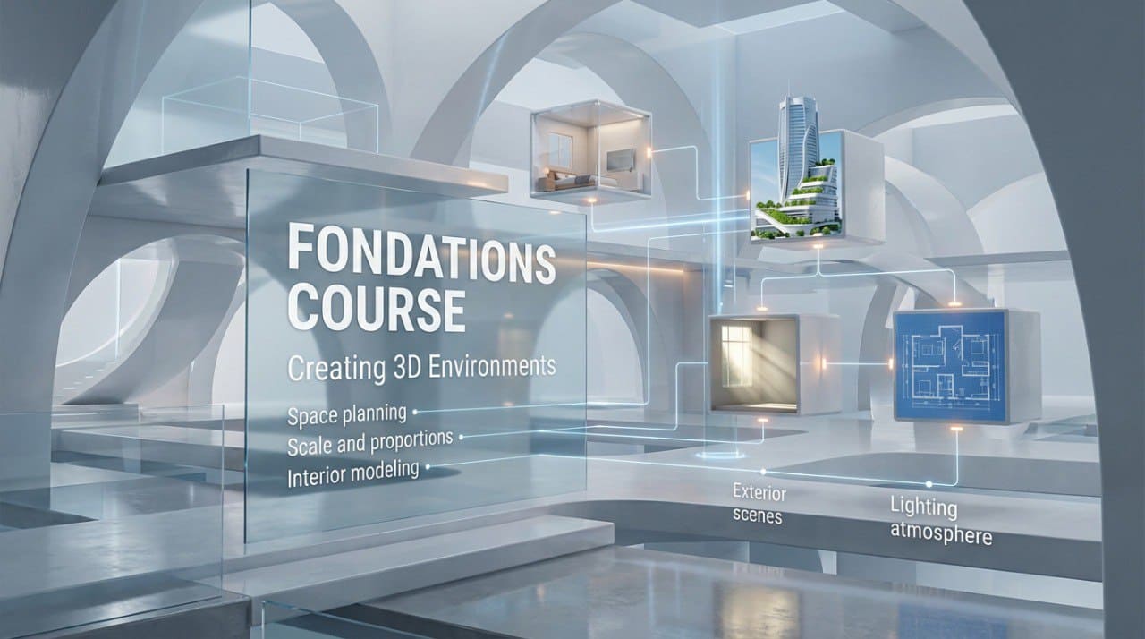 Fondations Course promotional image with futuristic design elements.