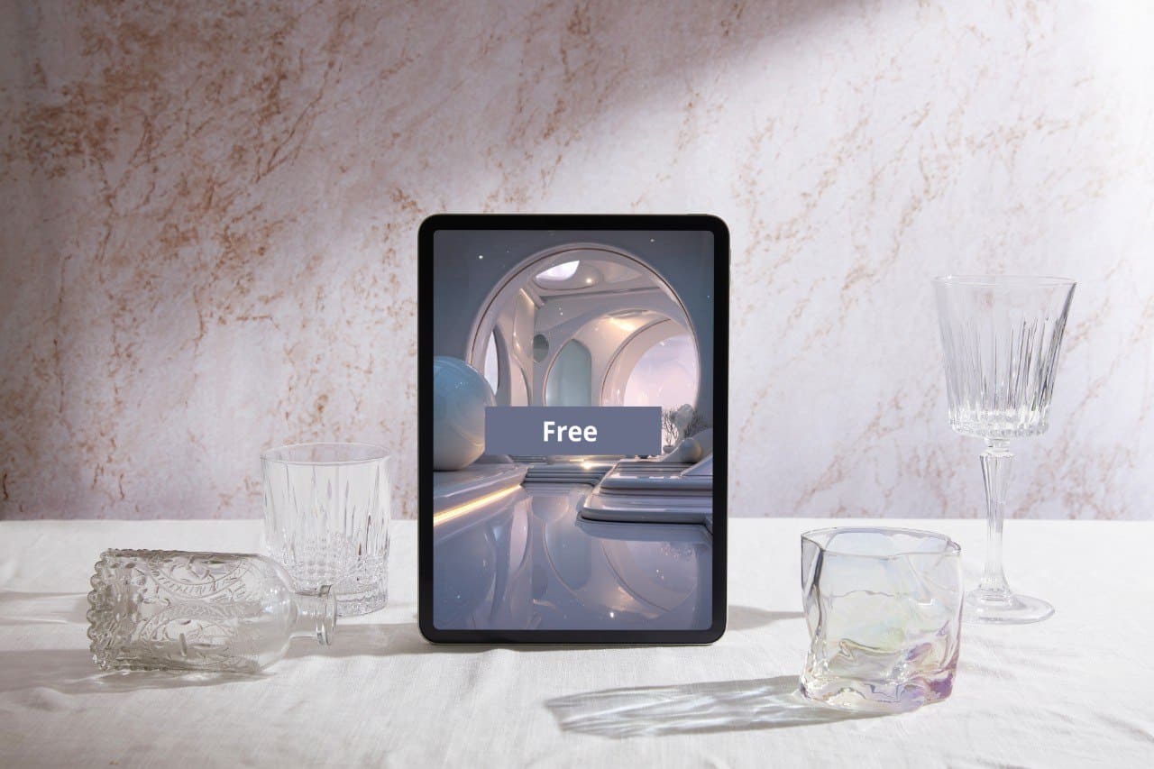Tablet displaying 3D modelling course 'Free' on a marble surface with glasses and a decorative item