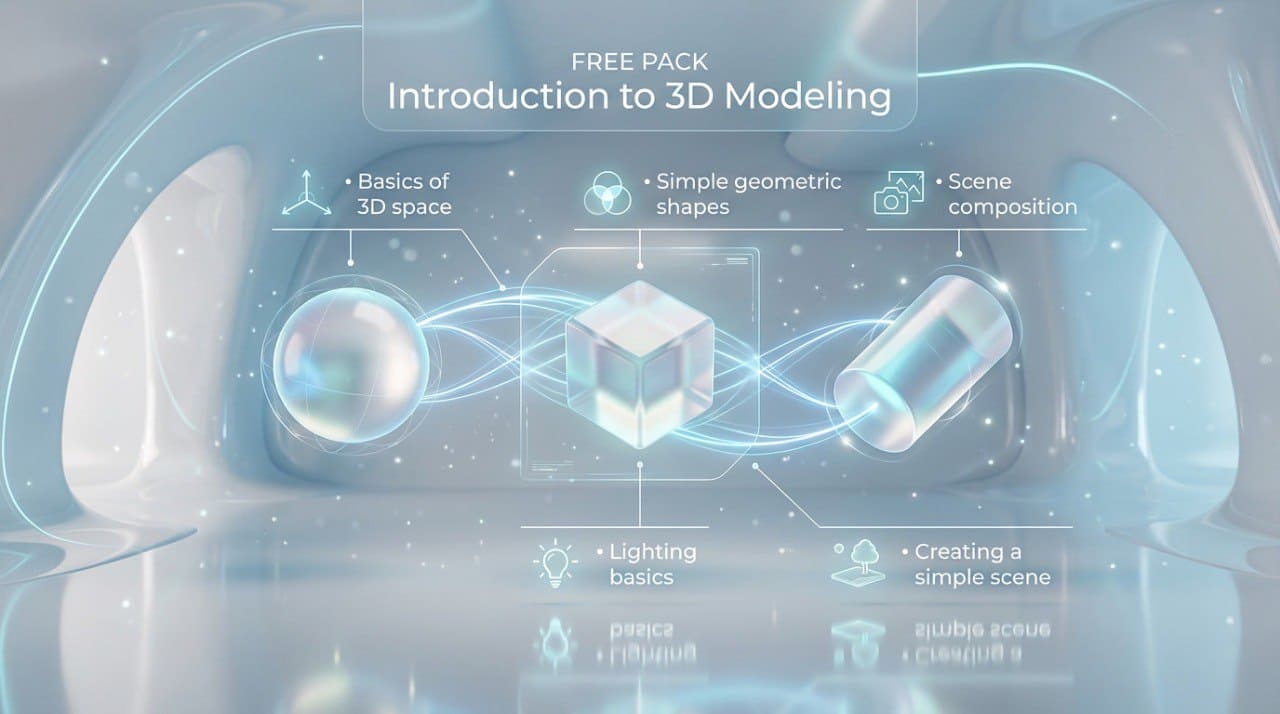 Introduction to 3D Modeling course pack with geometric shapes and technical diagrams on a light blue background.