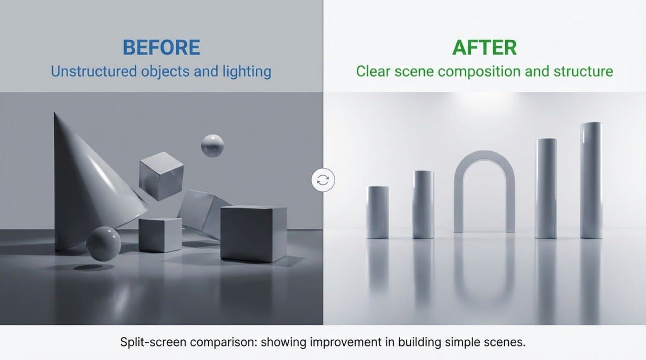 Split-screen comparison showing improvement in scene composition and structure with geometric shapes.