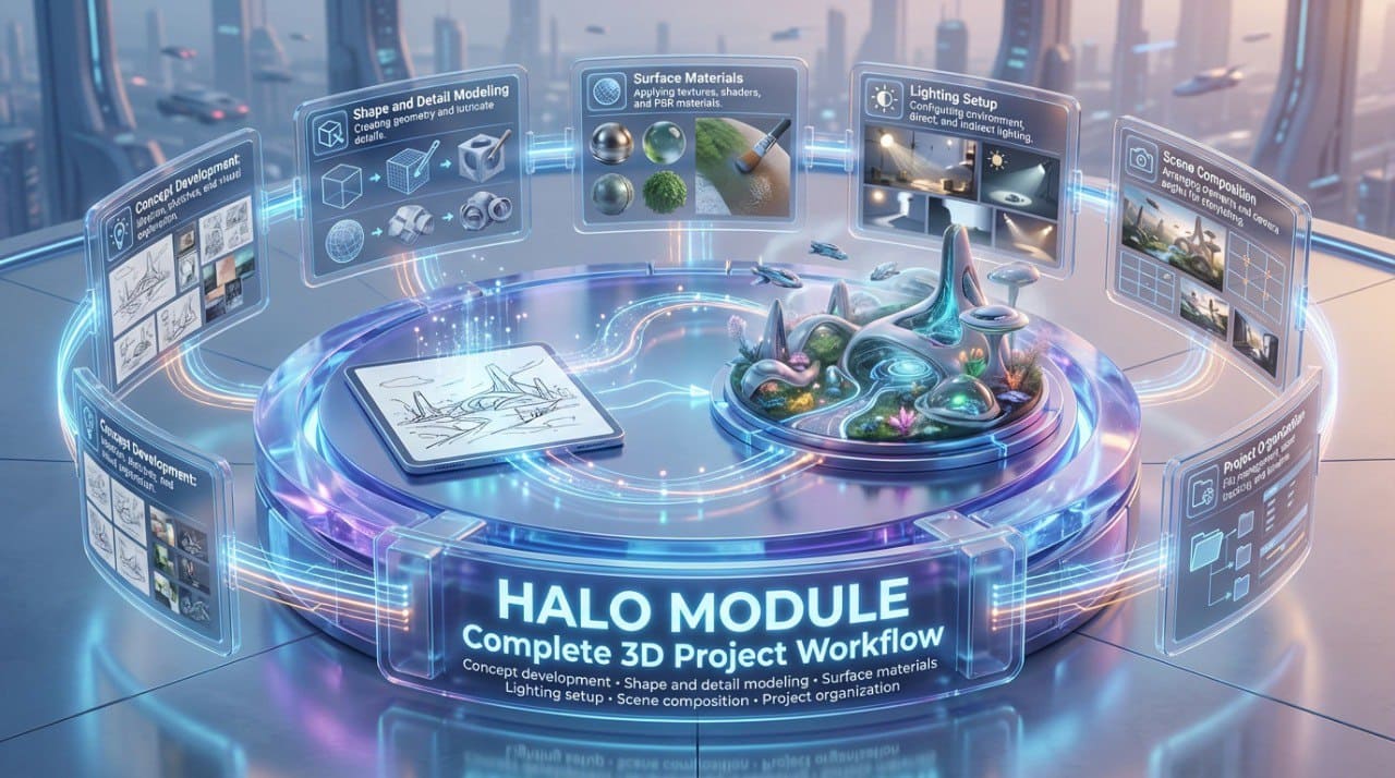 Halo module display with futuristic design and text on a reflective surface.