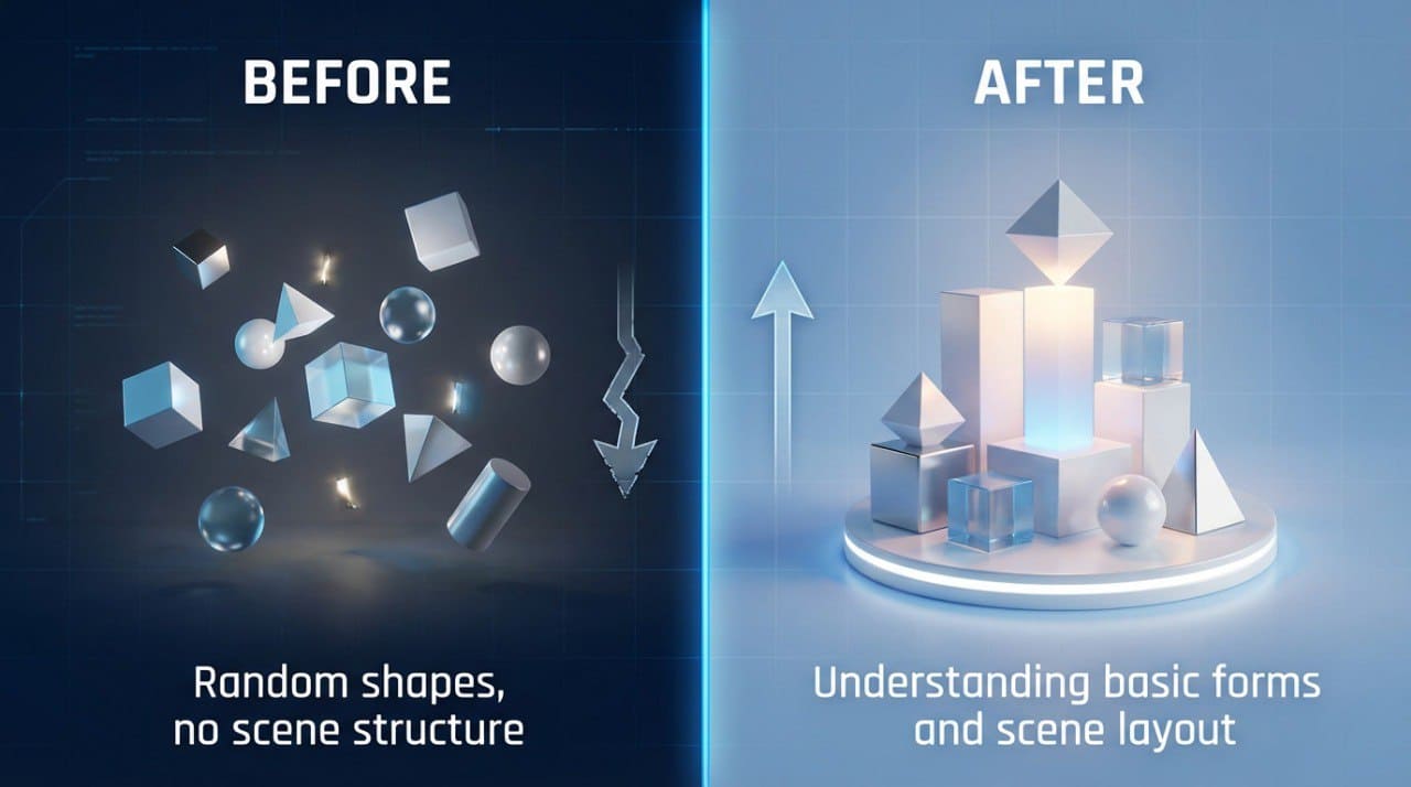 Comparison of random shapes on the left with organized forms on the right, labeled 'Before' and 'After'.