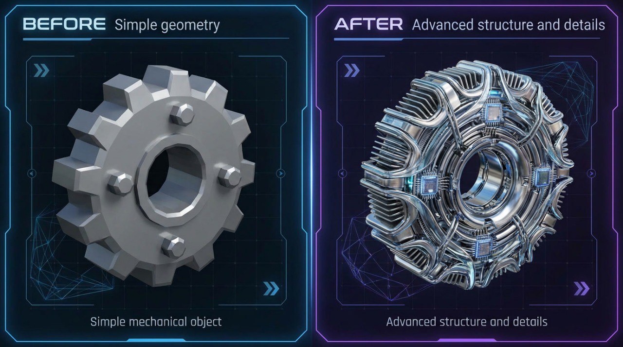 Comparison of a simple gear to an advanced mechanical component with 'Before' and 'After' labels.