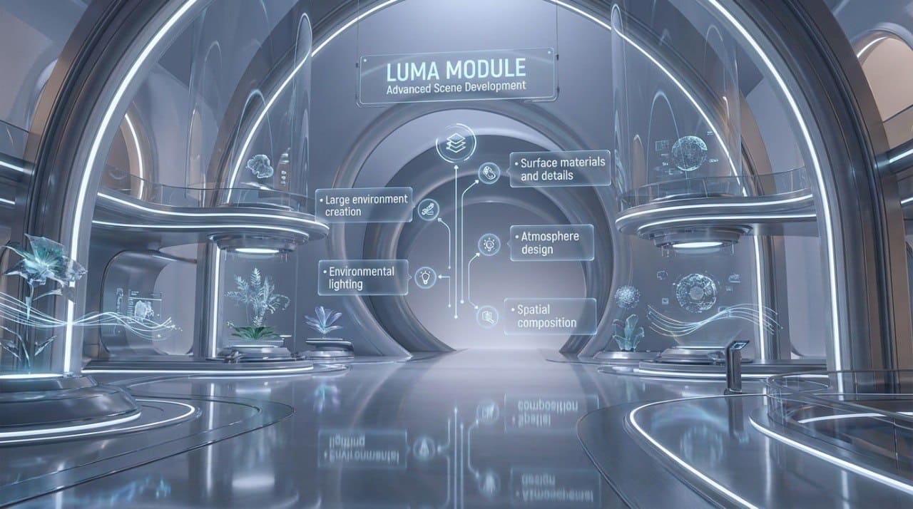 Futuristic interface with 'Luma Module' on a reflective surface