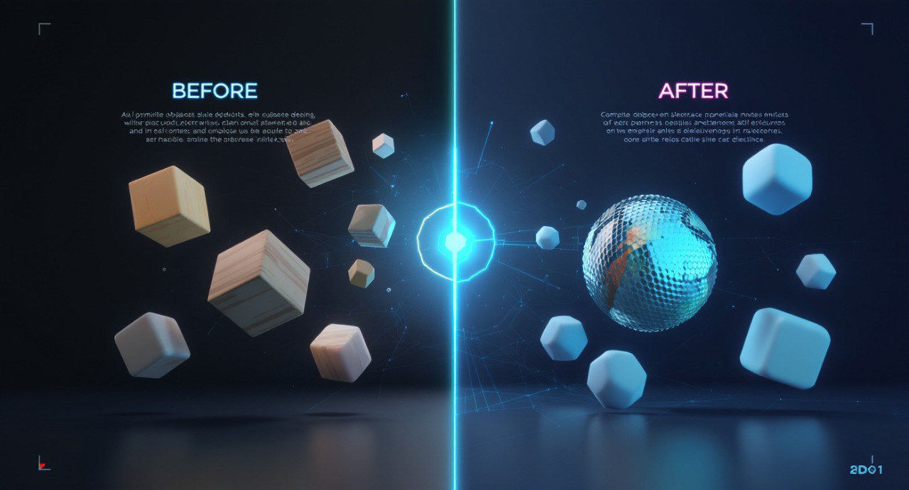 Before and after comparison of geometric shapes with a glowing blue light effect.
