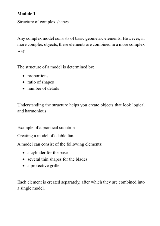 Introduction to 3D modeling course description 'Shapes'