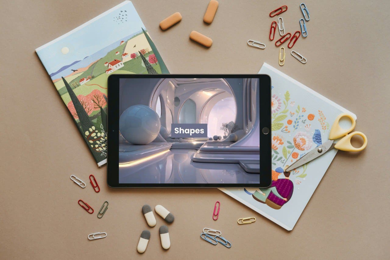 Tablet displaying a 3D model of a building with educational materials and stationery items on a brown surface.