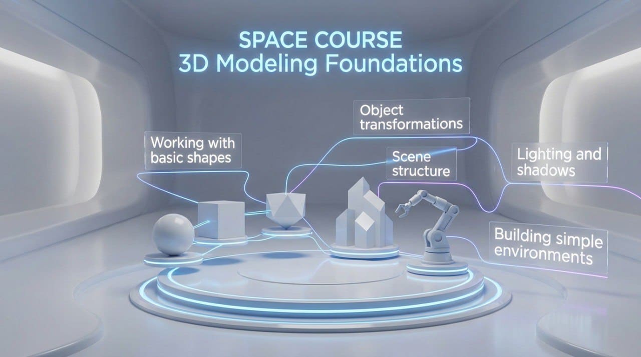 3D modeling foundations course presentation with geometric shapes and text in a futuristic setting.