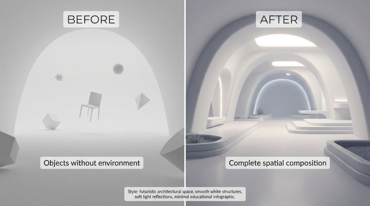 Before and after comparison of a futuristic architectural space design.