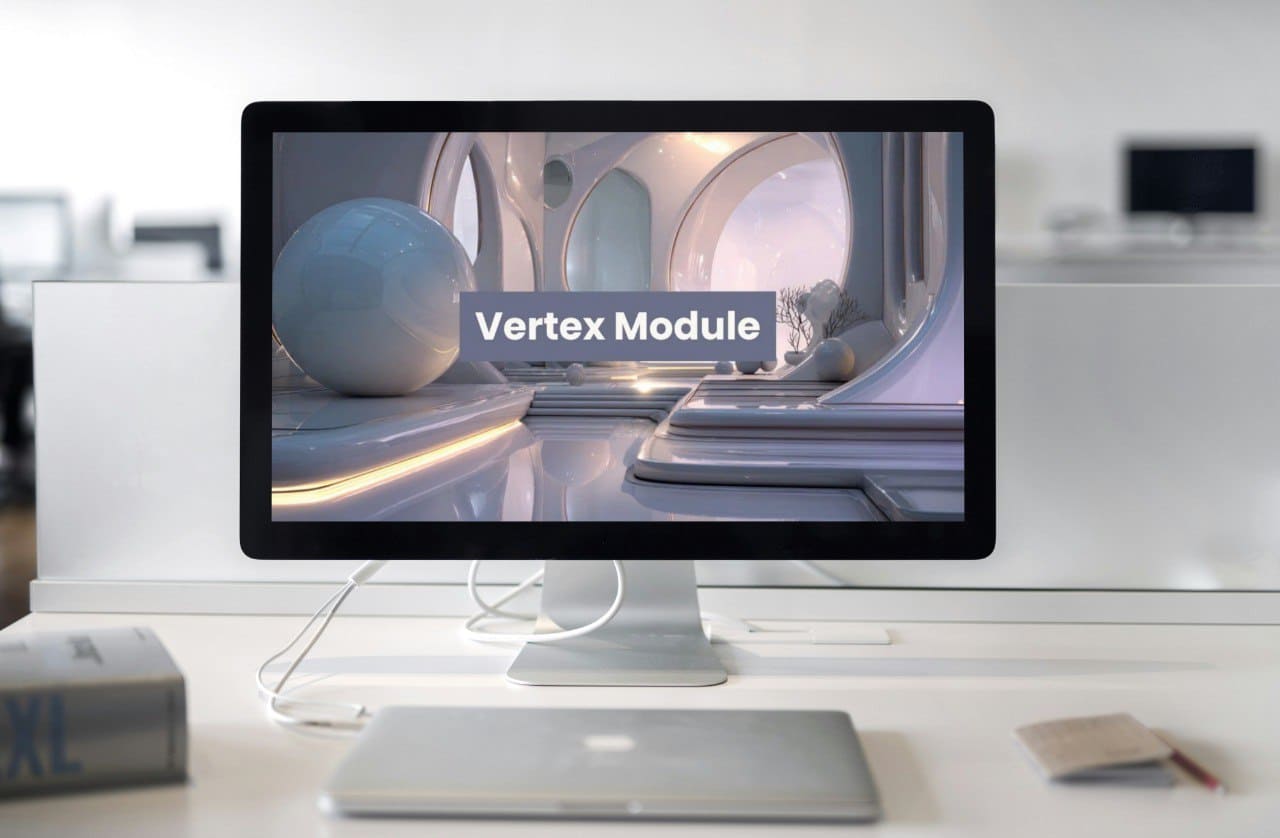 Computer monitor displaying 'Vertex Module' course on a desk with office background
