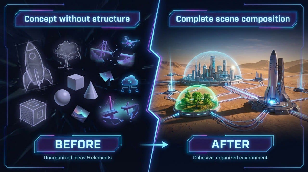 Before and after comparison of futuristic city design elements.